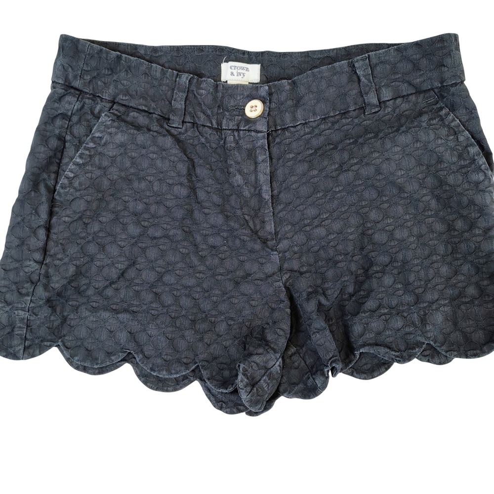 Crown & Ivy Womens SZ 10 Shelby Shorts Black Scalloped Hem Textured Preppy